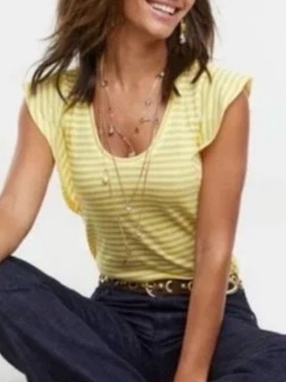 Cabi women’s Yellow Striped Cap Sleeve Scoop Neck Top